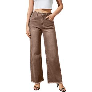 Guaile Women's Wide Leg Jeans High Waisted Strechy Jeans for Women Straight Raw Hem Loose Casual Denim Brown Size 12