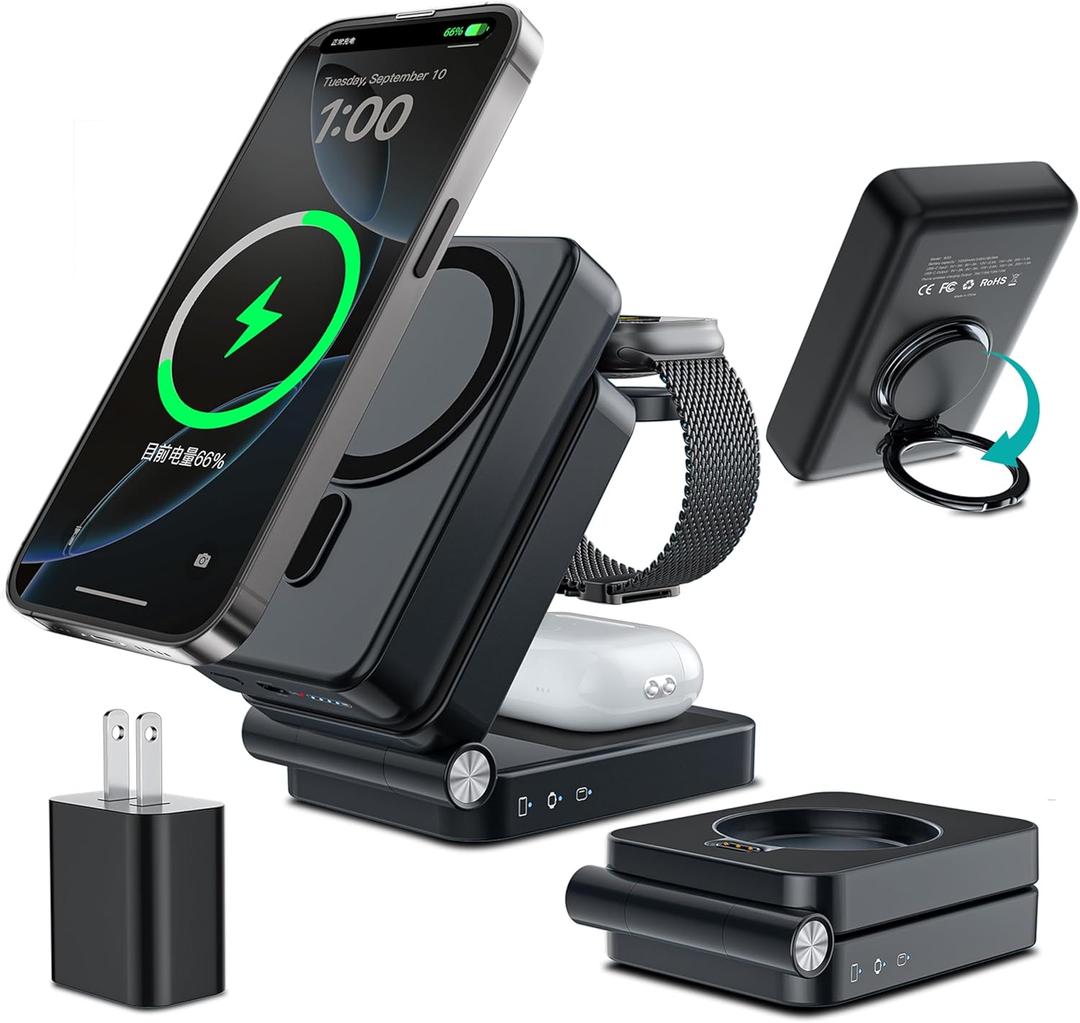 HUOTO 3 in 1 Foldable Magnetic Wireless for iPhone Charging Station,10000mAh Portable Charger Power Bank with Stand for MagSafe Battery Pack for iPhone 17/16/15/14/13/12 Series/Apple Watch/Air pods (Black)