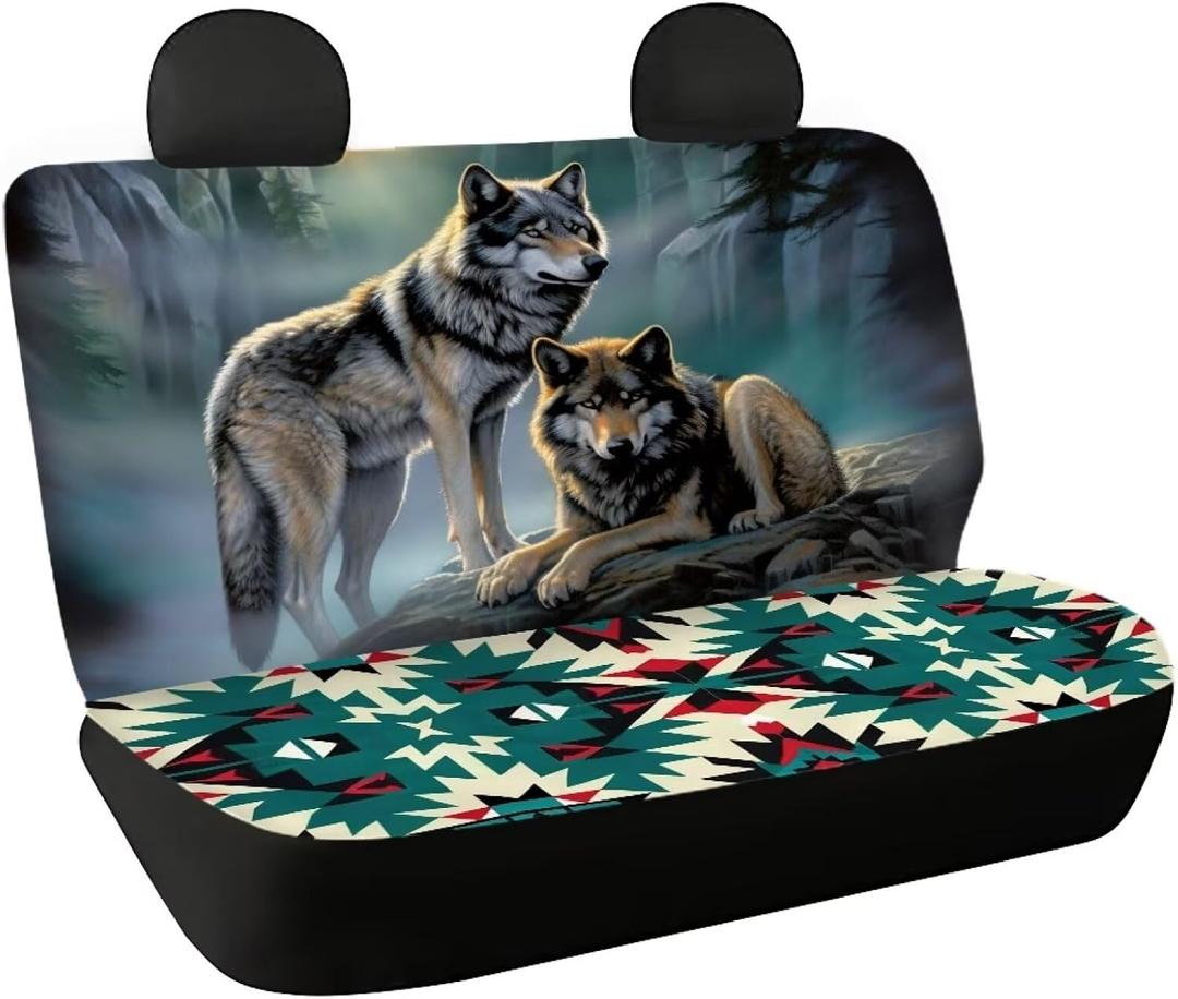 WELLFLYHOM Wolf Moon Car Seat Cover for Cars for Men Southwest Aztec Rear Bench Seat Covers for Truck SUV Van Universal Fit Tribal Navajo Car Accessories Saddle Blanket Seat Protectors 2 Pack Set