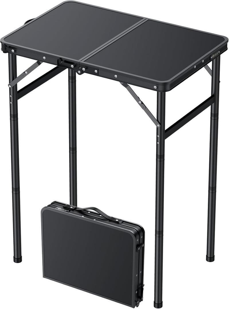 JiGiU Folding Camping Table Portable Pinic Table 3 Level Height Adjustable Aluminum Frame Small Foldable Camp Table Light Weight with Carry Handle for Outdoor Indoor Hiking Camp BBQ Beach (Black)