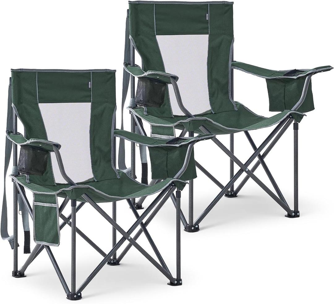 2 Pack Oversized Camping Chair, Folding Outdoor Chair Support 400 Lb, Green | Lightweight Lawn Chairs with Cup Holders, Side Pocket & Cooler Bag, Portable Camp Chair for Outside, Tailgating, Sports, Twin Pack