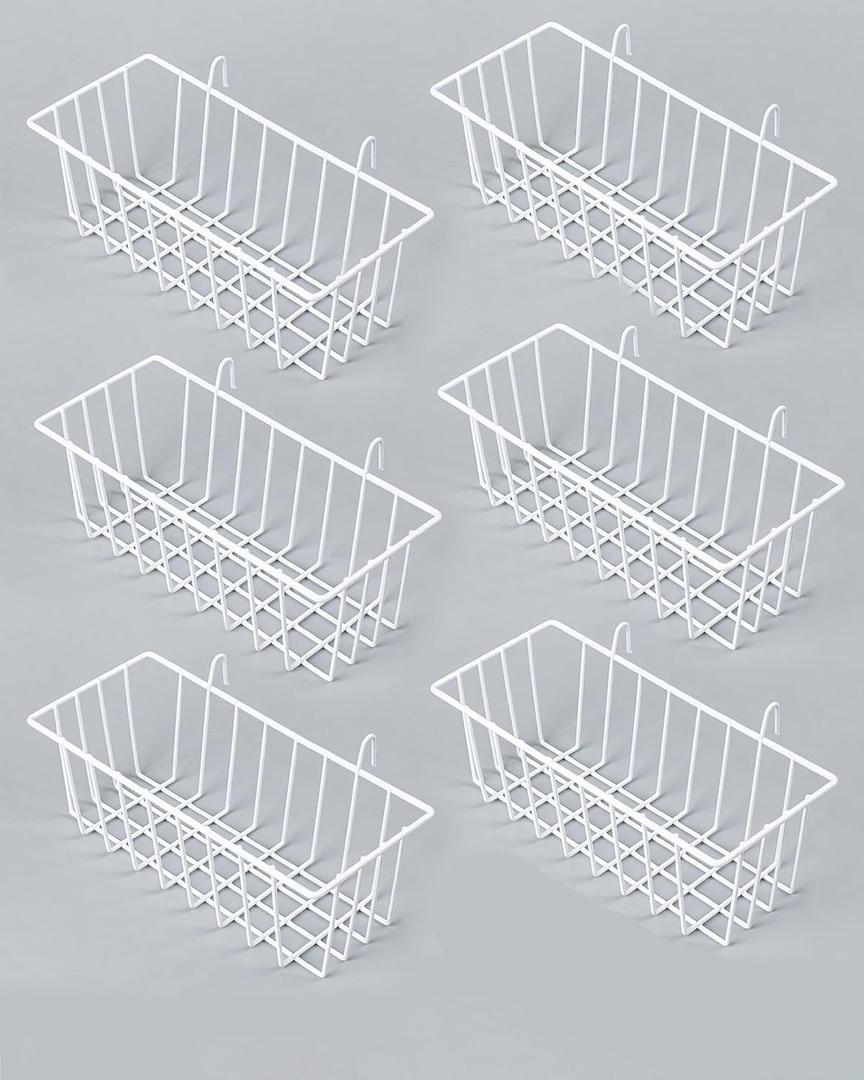 6 Pack White Wall Grid Panel Hanging Wire Basket, Wall Baskets with Hooks for Organizing, White Metal Grid Panel
 , 15x5