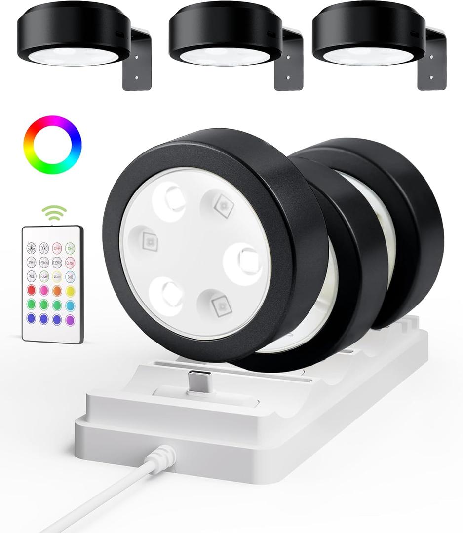 EZVALO Picture Lights for Wall with Charging Station, Rechargeable Battery Magnetic Poster Lights with 3 Color Temps & 12 RGB, Remote Dimmable Timer, Wall Decor Light for Art Display (6 Pack) (Black)
