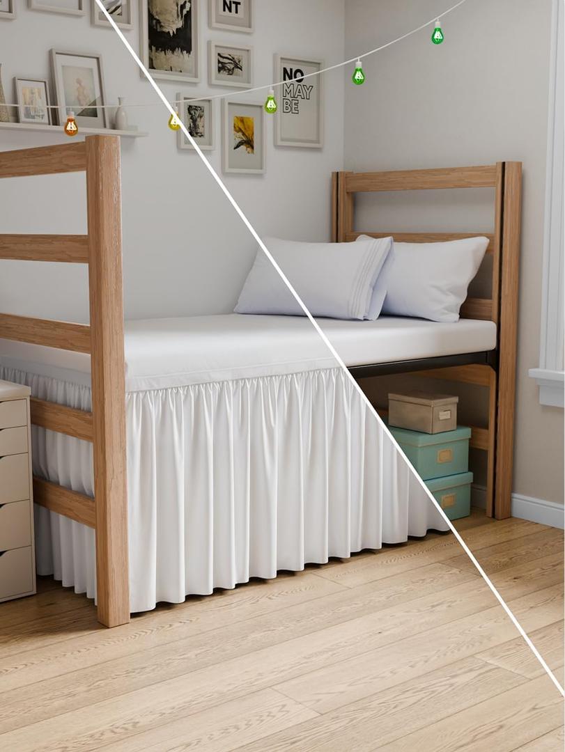Wrap Around Dorm Room Bed Skirt - For Twin XL Size Beds w/ 32 Inch Drop - Extra Long Dust Ruffled College Bedskirt with Split Corners - Easy Fit Elastic Strap - Adjustable, Fade & Wrinkle Free - White