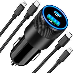 [Apple MFi Certified] iPhone Fast Car Charger, Rombica 52.5W USB-C PD&QC3.0 Car Power Cigarette Lighter USB Charger Adapter with 2Pack Lightning Braided Cable for iPhone 14 13 12 11 XS XR X 8 SE iPad