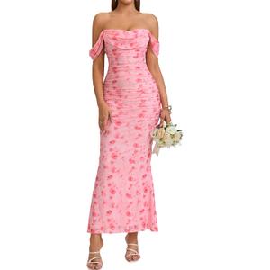 KUTUMAI Off The Shoulder Maxi Long Dress Corset Ruched Bodycon Cocktail Formal Wedding Guest Dresses for Women (Pink, M)