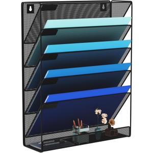 Wall File Organizer Holder Mesh Hanging Paper Document Holder,Vertical 6 Pocket Tier for Office Home, Black