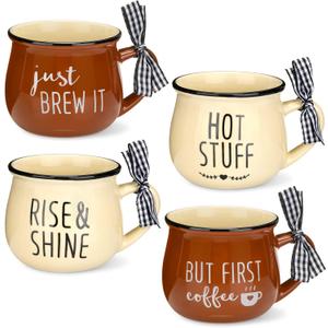 Patelai 4 Pcs Farmhouse Coffee Cups Mini Espresso Cups 5 oz Christmas Mugs Set with Handle for Coffee Bar Decoration Holiday Party Gift (Brown, Yellow)