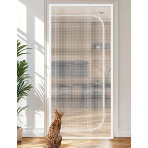 BFNN Cat Screen Door, Extra Tall Cat-Proof Mesh Gate, Fit Door Size 32'' x 80'', Anti-Cat Scratch Mesh with Zipper Closure, for Living Room, Kitchen, Bedroom (White)