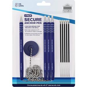 Nadex Ball and Chain Security Pen Set | 4 Pens, 1 Adhesive Mount, and 5 Refills (Blue)