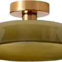 Dome Flush Mount Ceiling Light Mid Century Modern Semi Flush Mount Ceiling Light fixtures with Green Round Glass Shade Brushed Gold Brass Flush Mount Lights for Hallway Dining Room, 13.8 inches , 5.1 inches