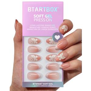 BTArtbox Press On Nails Short - 3D Butterfly French Tip Almond Press On Nails with Glue for Women, Opaque Soft Gel Glue On Nails in 16 Sizes - 32 Stick On Nails Kit, Last Dance