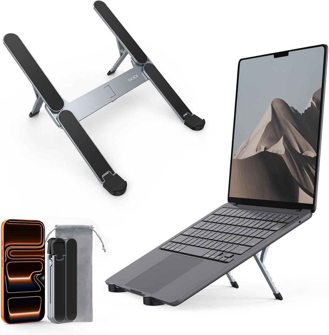 SODI [Ultra Compact] Foldable & Portable Laptop Stand for Desk, Lightweight Tablet Stand for Business Travel, Library, Cafe, 6 Level Height Ergonomic Aluminum Computer Holder for 10-16" Laptops (Black)
