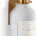 Shower Shampoo Dispenser Wall Mounted Refillable 16.9 oz White Bottle with Stainless Steel Pump & No-Drill Adhesive Holder Soap Dispenser for Bathroom (1 X White/Gold)
