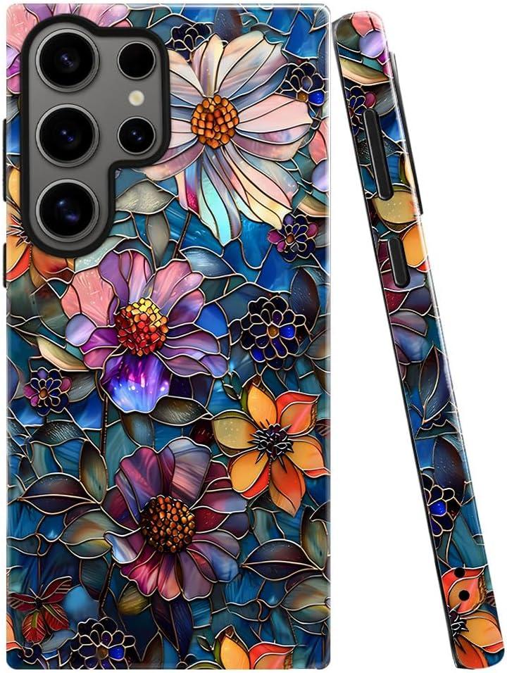 Case for Samsung Galaxy S24 Ultra,Colorful Floral Flower Art Phone Case Drop Resistant Glossy 2 in 1 Solid Dual-Layer Cover for Girl Women