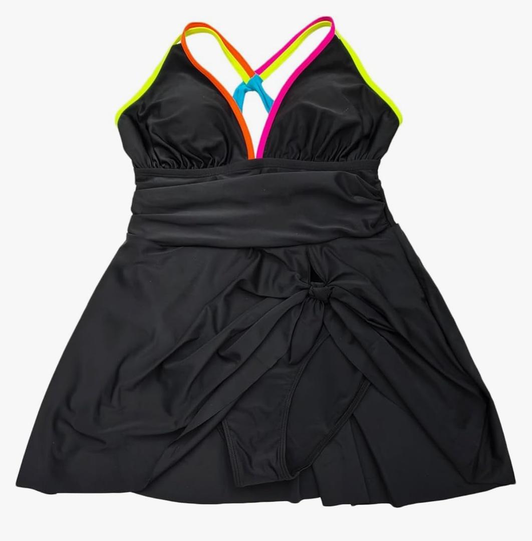 Women Plus Size One Piece Swimsuits Tummy Control Bathing Suit Sexy Cutout Neon Color Block Tie Knot 2026 Swim Dress, Medium