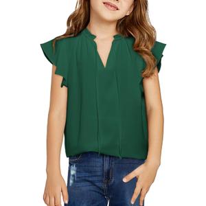 DOKOTOO KIDS Girls Tops Cute Summer Ruffle Short Sleeve T Shirts Casual V Neck Chiffon Blouses 6-15 Years (Green, M)