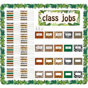 WATINC 97pcs Class Jobs Bulletin Board Set, Classroom Jobs Chart with Name Tags, Back to School Schedule Boards Pocket Chore Behavior Chart for Classroom Chalkboard Walls Decoration (Animal Print)