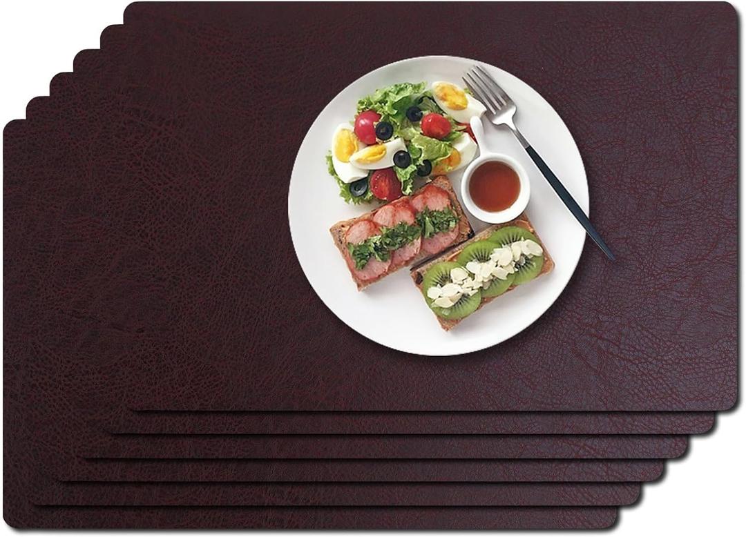 Vinyl Placemats Set of 6-1217.7 Inch Waterproof & Heattable Placemats, Fall Faux Leather Wipeable Outdoor Table Mat for Dining, Kitchen, Indoor Outdoor Use (Coffee, Cowhide Grain)