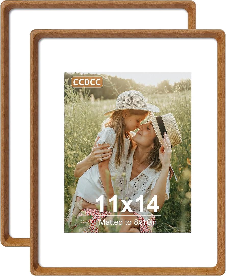 11x14 Picture Frame Set of 2, Natural Teak Wood Solid Wood 11 by 14 Photo Frames with 8x10 Mat with Real Glass for Wall and Tabletop Display