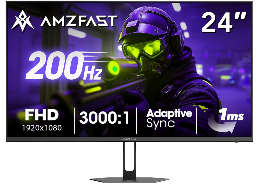 Amzfast 24 Inch Gaming Monitor 180Hz 200Hz FHD 1080p Computer Monitor, 1ms Adaptive Sync, 3000:1, 129% sRGB, HDR Display, Eye Care, VESA 75x75, Metal Stand, HDMI 2.0 | DP 1.4, AMZG24X1