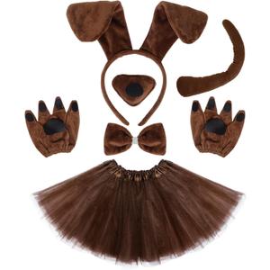 Puppy Dog Tutus Skirt Animal Costume Set Dog Ear Headband Bow Tie Paw Gloves Set for Women Halloween Cosplay, One Size