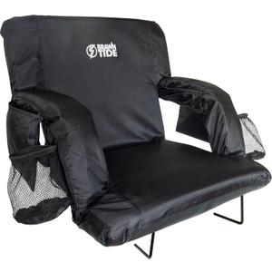 BRAWNTIDE Stadium Seat with Back Support - Comfy Cushion, Thick Padding, 2 Steel Bleacher Hooks, 4 Pockets, 2 Cup Holders, Reclining Back, Ideal Chair for Sport Events, Beaches, Camping, Concerts (Regular - Width 20.5 Inches, Black)