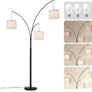 DLLT Modern Floor Lamp for Room: 3-Light Black Tree Dimmable Floor Lamps with White Shades for Living Room - Arc Standing Lamp for Bedroom - Tall Floor Lamp for Office Corner 3 LED Bulbs Included