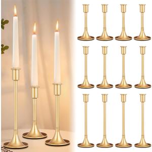 Vintage Low Metal Candlestick Holder Set - 12 Gold Taper Candles with Anti-Slip Pad for Table Centerpiece, Weddings, Dinners & Parties - 3 Sizes