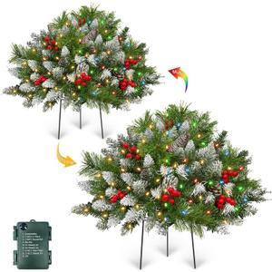 Timer Dual Color Change 2 Pack Christmas Tree Outdoor Urn Filler 24Inch Artificial Snowy Pinecone Red Berries Tripod Stake Warm White & Colorful Lights Battery Operated 8 Mode Porch Decor Pathway Yard