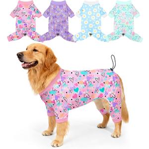Bienbee Dog Pajamas, 4 Pack Dog Recovery Suit Shedding Suit Cute Soft Puppy Clothes Dogs Pjs Onesies Jammies Adjustable Breathable & Stretchy Clothes for Small Medium Large Dogs Girl Boy Puppy-2XL
