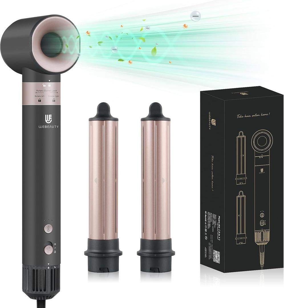 Hair Dryer Hot Air Styler: High-Speed Blow Dryers with Negative Ionic for Fast Drying Frizz Control, Extra Long Barrel 1 1/4 Inch Curling Iron Airflow Auto Wrap Curler for Quick Styling (Black)