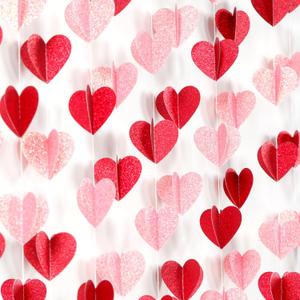 Galentines Party-Decorations Valentines-Day 3D-Heart Garland - 40ft Red Pink Streamers Paper Banner, Proposal Anniversary Romantic Birthday Baby Shower Rustic Wedding Hanging Ornaments Decor Hugfond