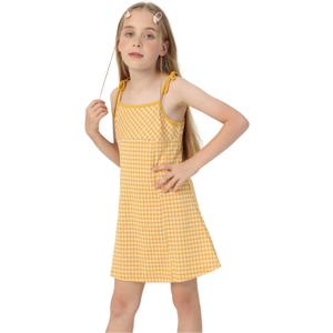 Girl's Dress, Mini Checkered Dress Sleeveless for Girl, Summer Gingham Sling Strap Sundress Age 4-13 (Yellow)