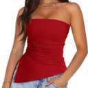 PRETTYGARDEN Tube Tops for Women Trendy Summer 2026 Spring Fashion Going Out Y2K Clothes Asymmetrical Ruched Strapless Shirts (Small, Red)