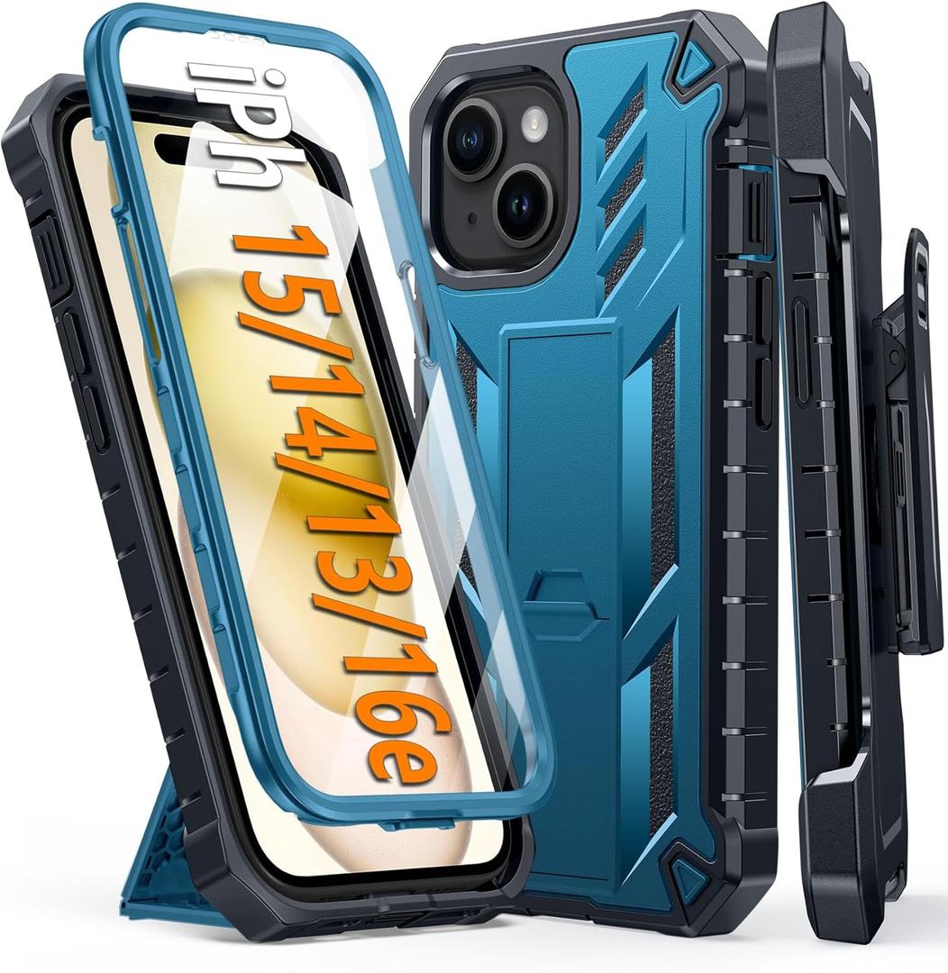 FNTCASE for iPhone 15 Case: for iPhone 14 Case & iPhone 13 Case [with Kickstand & Holster] [Built-in Screen Protector] Military Grade Drop Protection Heavy Duty Full Protective Shockproof Phone Cover