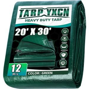 Green Heavy Duty Tarp 20x30 Feet, 12 Mil Thick Waterproof Poly Tarps Cover UV Resistant, Rip & Tear Proof with Metal Grommets Every 20 Inche