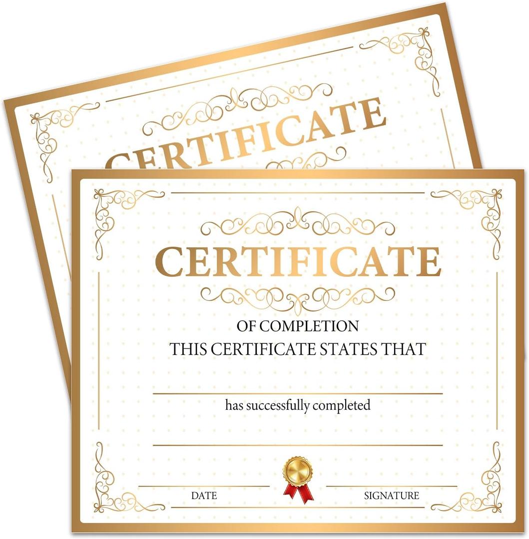 25 Gold Certificate of Completion, Training Completion, Student Course Certificates of Achievement and Recognition, 8x10 Inches