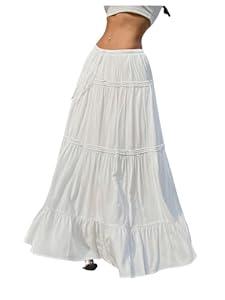 SOLY HUX Women's Maxi Skirt Drawstring Elastic Waist Ruffle Hem Long Flowy Skirts Pure White Small