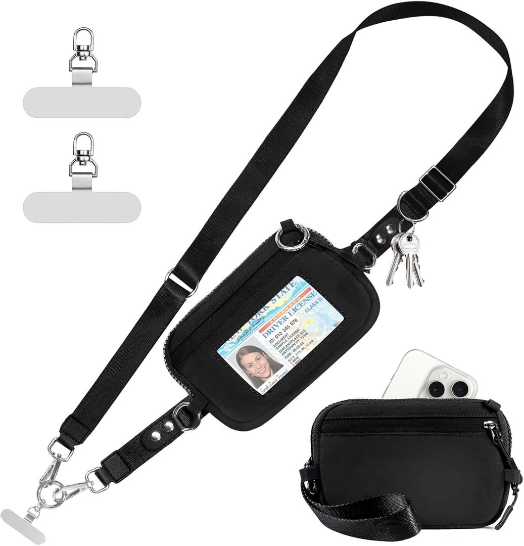 Clip and Go Strap for Phone with Wallet Crossbody Phone Lanyard Adjustable and Detachable RFID Wristlet Wallet with ID Window and Zipper, Black (L)