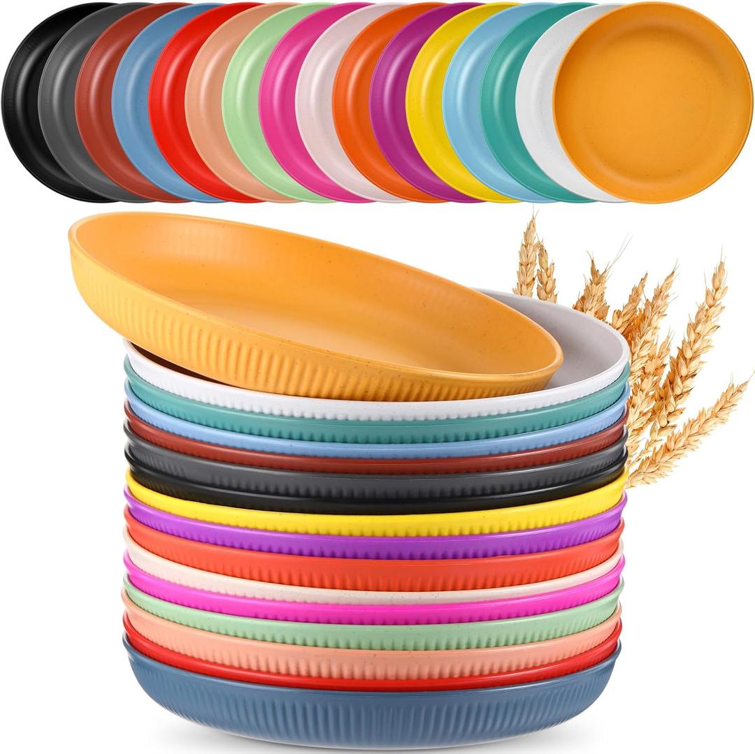 Tioncy 16 Pack Wheat Straw Dinner Plates 9 Inch Unbreakable Toddler and Children Dinner Plates Set Microwave & Dishwasher Safe Reusable Healthy Plate for BBQ, Travel, Events, 16 Colors