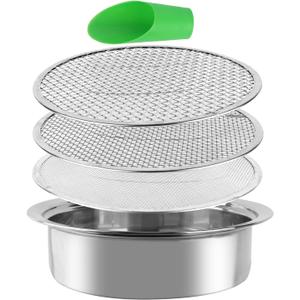 Stainless Steel Garden Sieve & Soil Sifter Tool - 9.5 Inch Stackable Sifting Pan with 3 Mesh Sizes (0.043"/0.133"/0.204") for Sand, Bonsai Soil - Includes Mini Shovels & Scoop (1 Pack) (Silver)