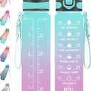 Enerbone 32 oz Drinking Water Bottle with Times to Drink and Straw, Motivational with Carrying Strap, Leakproof BPA & Toxic Free, Ensure You Drink Enough Water for Fitness Gym Outdoor (Green-Purple)