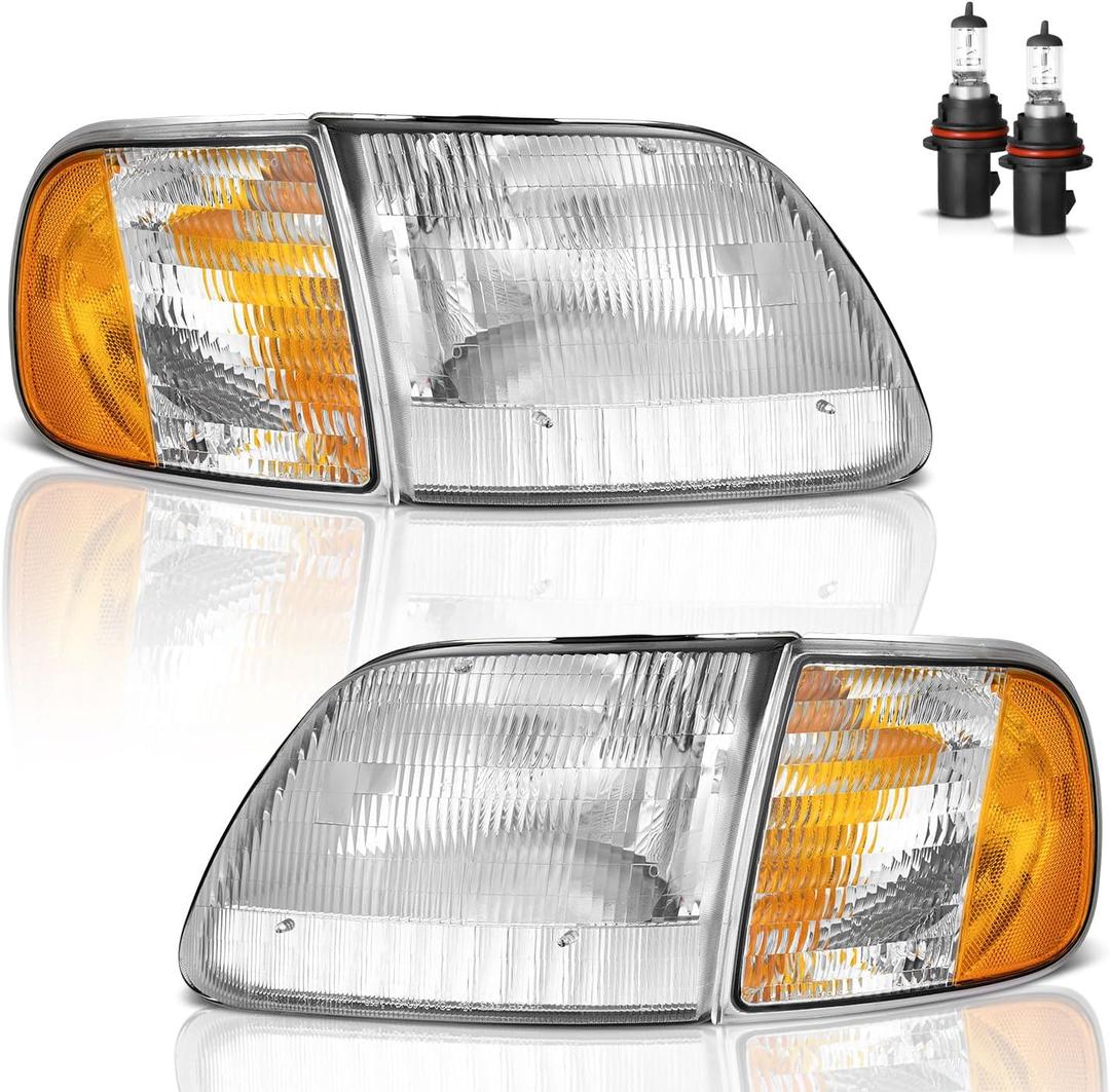Headlights Assembly for 1997-2003 F150 / 1997-2002 Ford Expedition / 1998-1999 F250, Headlamp+Corner Parking Turn Signal Marker Light Does NOT fit models produced before July 1996 (Chrome Housing I Amber Reflector I W/ Bulbs)