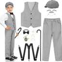 SOMSOC 7 Pieces 100 Days of School Boys Old Man Costume Set Kids Grandpa Vest Hat Costume for School Cosplay Party 8-10 Y