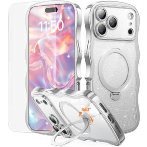 3 in 1 for iPhone 17 Pro Case with 360 Spin Magnetic Stand, 1X DIY Glitter Cardstock +1X Screen Protector, [Fit for Magsafe]Cute Wavy Trendy Glossy Clear Phone Cover for Women Girls 6.3Inch, Silver