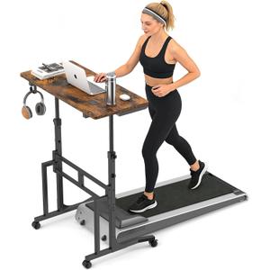 ikkle Standing Desk with Wheels, Adjustable Treadmill Desk, Rolling Bike Trainer Desk for Walking Pad Laptop, Phone Standing, Brown