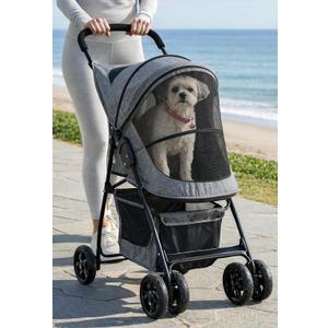 Pet Gear Happy Trails Lite Pet Stroller for Cats/Dogs, Zipper Entry, Easy Fold with Removable Liner, Safety Tether, Storage Basket, Titanium Grey