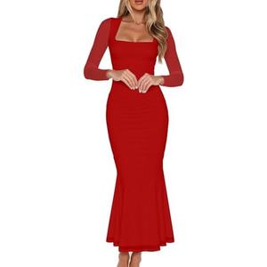 BORIFLORS Women's Ruched Bodycon Long Sleeve Maxi Dress Mesh Square Neck Cocktail Party Long Dresses Medium
