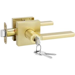 Goldenwarm Entry Door Handle with Lock and Key, Zinc Alloy Heavy Duty Brushed Gold Locking Exterior Door Handle, Keyed Door Lever with Locks and Keys for Bedroom (1 Pack)